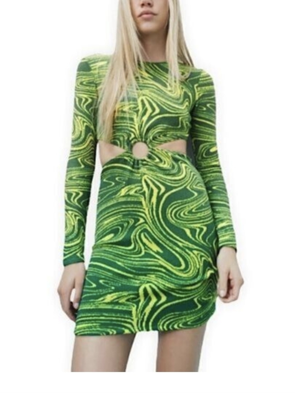 Zara Knit Sweater Mini Dress Cutout Marble Swirl Print Contrast Green S NWOT - Picture 3 of 6